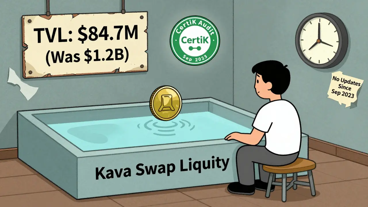 A lonely liquidity provider sits beside an almost empty token pool with a declining TVL sign in the background.