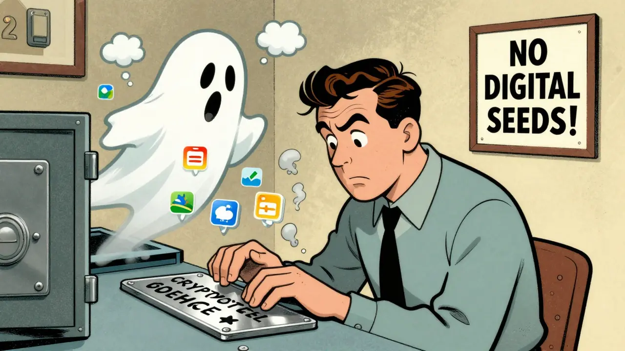 A man writing a seed phrase on metal while digital storage icons fade away in smoke.