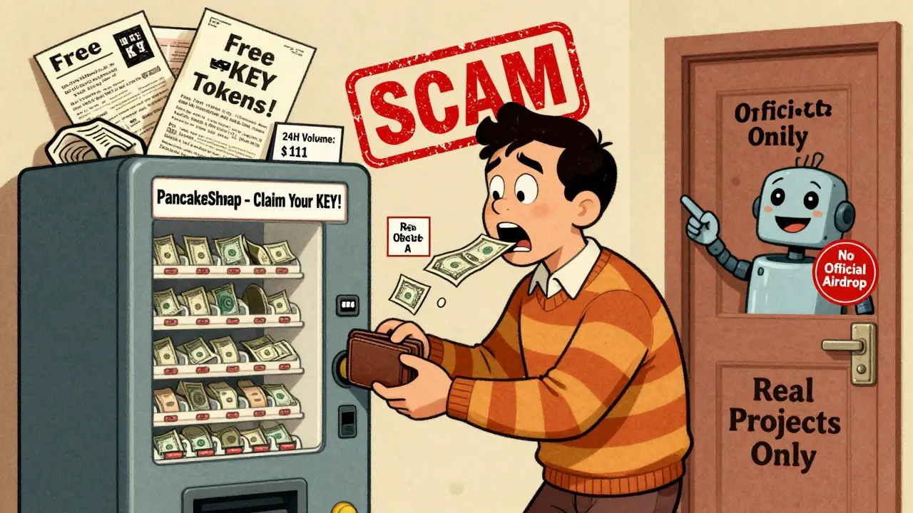 A nervous investor connecting a wallet to a scam vending machine labeled PancakeSwap with  trading volume sign.