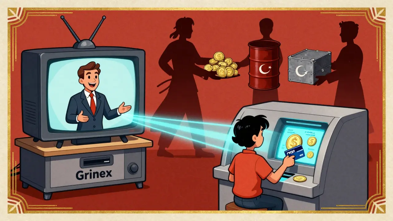 A Russian TV ad promotes A7A5 stablecoins, with customers buying them using state bank cards.