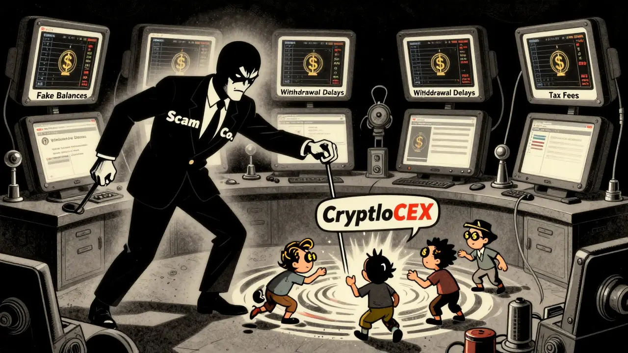 A shadowy scammer pulling levers to trap victims in a control room filled with fake crypto displays.
