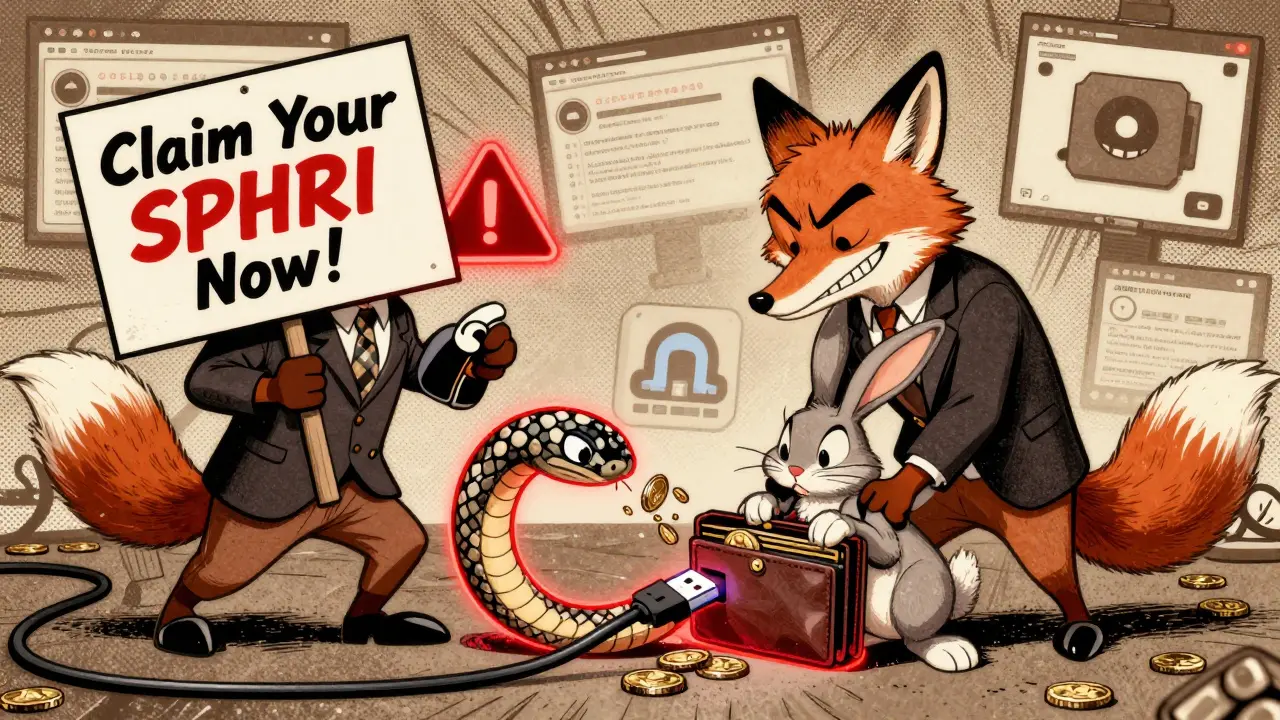 A sneaky fox tricks a rabbit into connecting a wallet to a draining cable labeled 'Fake SPHRI Airdrop'.