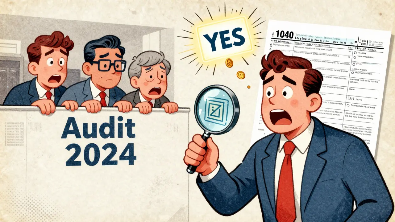 A taxpayer examines a blockchain with IRS agents watching, as a Form 1040 checkbox glows above in vintage cartoon style.