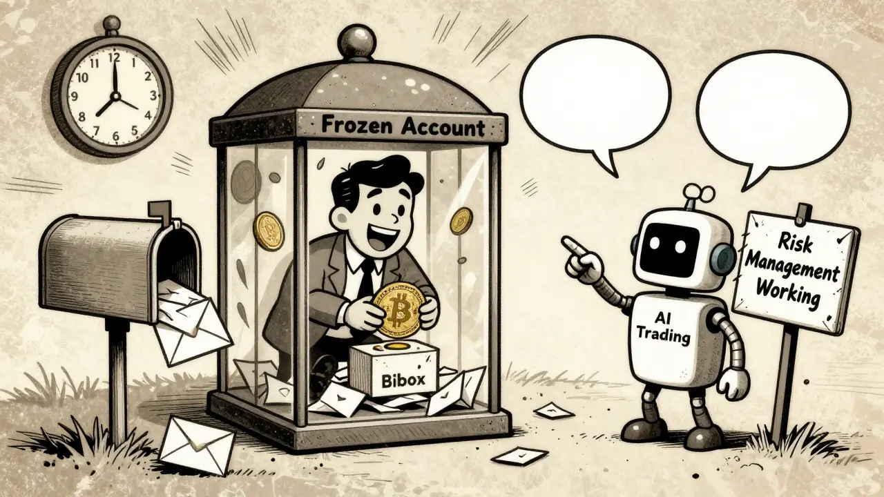 A trader is trapped in a glass cage labeled 'Frozen Account' while emails pile up and time ticks away.