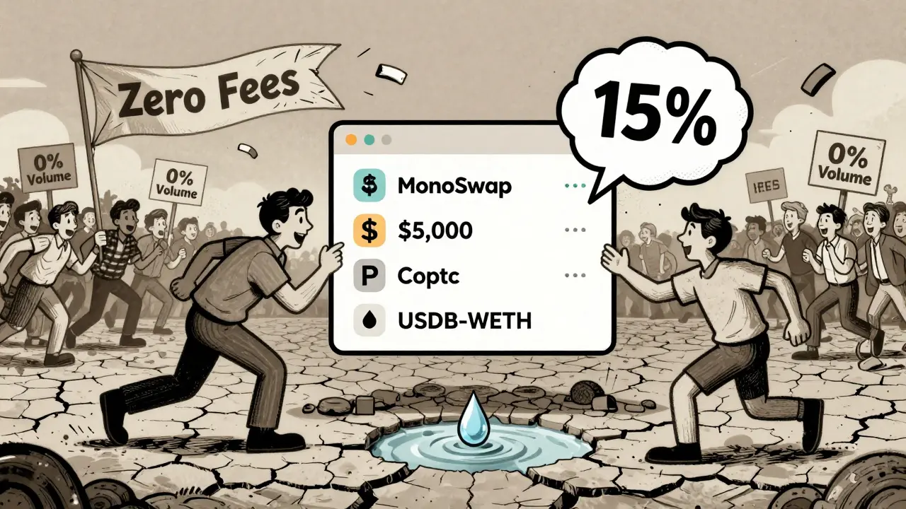 A user sees a 15% slippage warning as the liquidity pool dries up, while others flee the exchange.