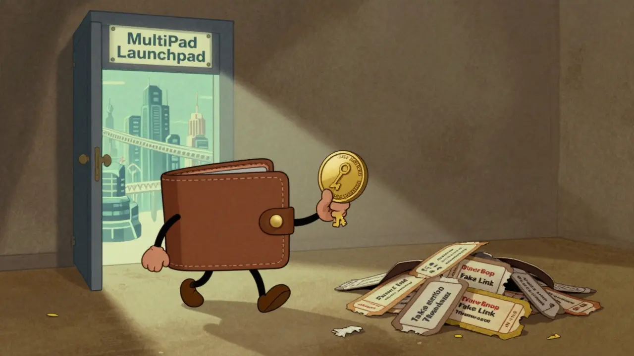 A wallet walking away from fake airdrop scams toward a glowing MultiPad launchpad door.