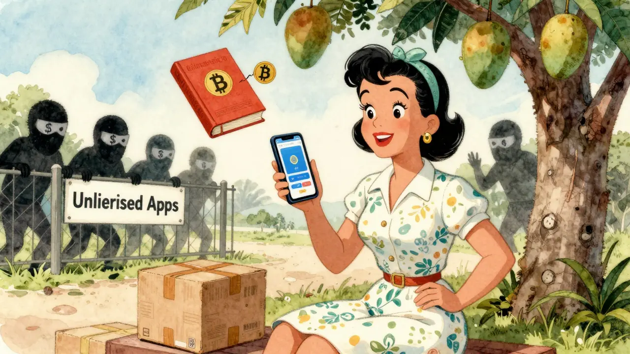 A woman uses a crypto app to pay for textbooks, while scammer figures lurk nearby in a nostalgic, hand-drawn Cuban street scene.