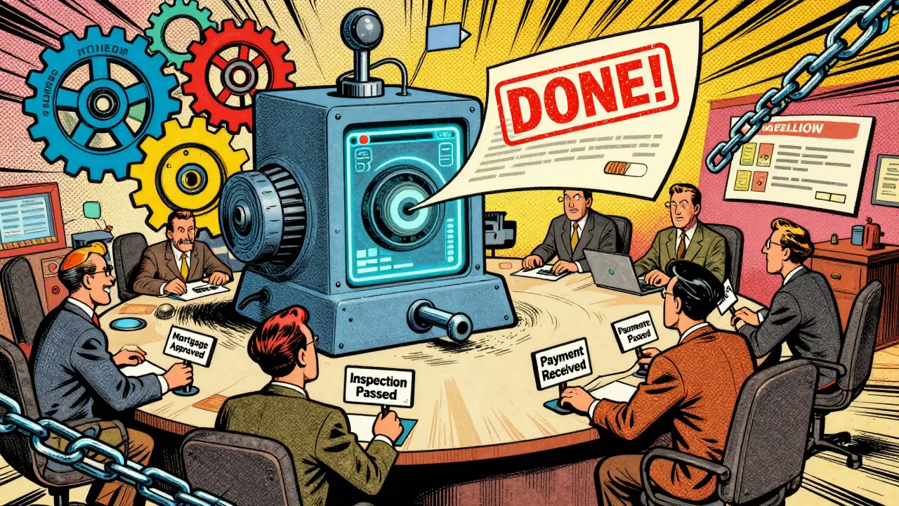 Agents operate a smart contract machine in a retro-futuristic office with spinning gears and digital chains.