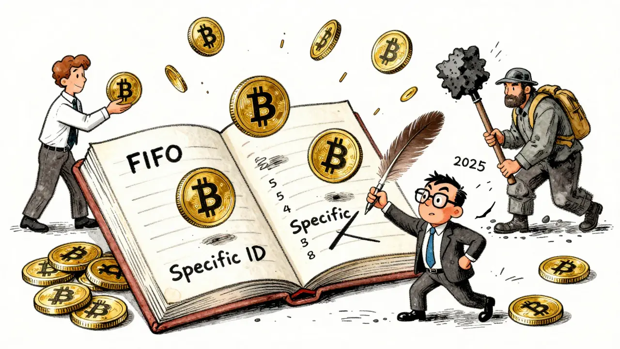 An accountant struggles with Bitcoin accounting methods as airdrops and trades swirl around a chaotic ledger in vintage cartoon style.