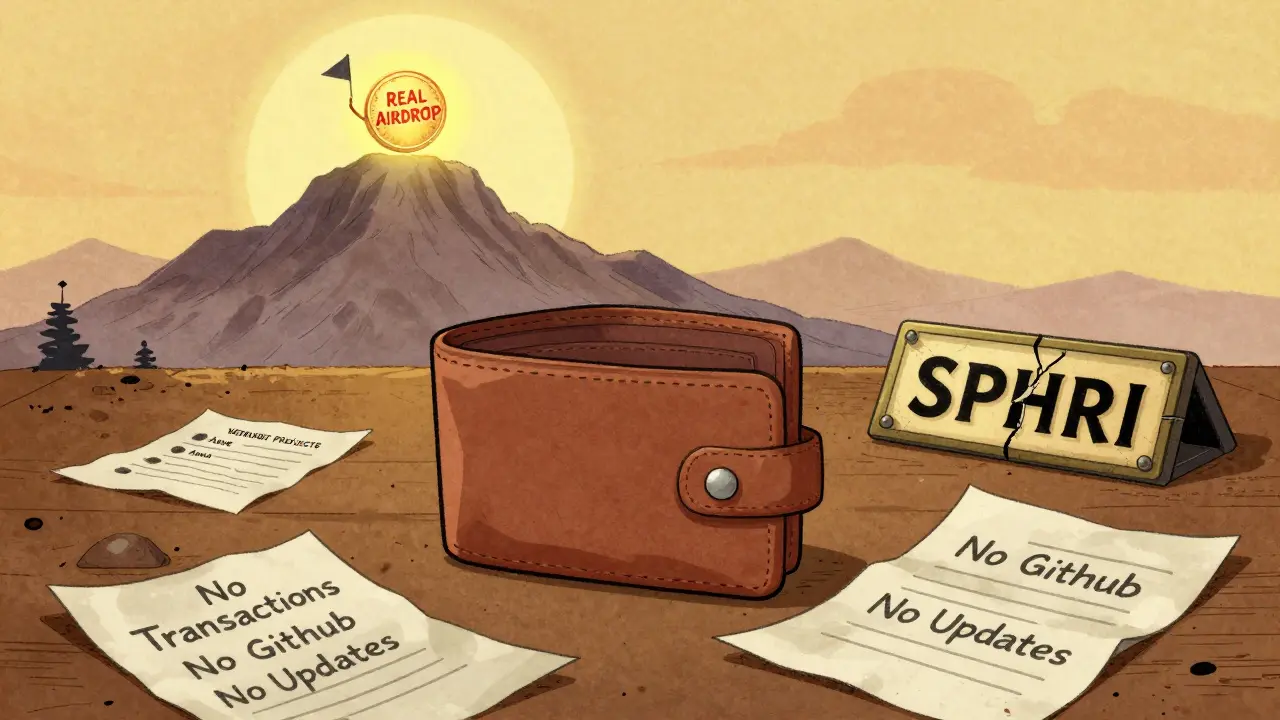 An empty wallet sits beside a broken SPHRI sign while a real airdrop glows on a distant mountain.