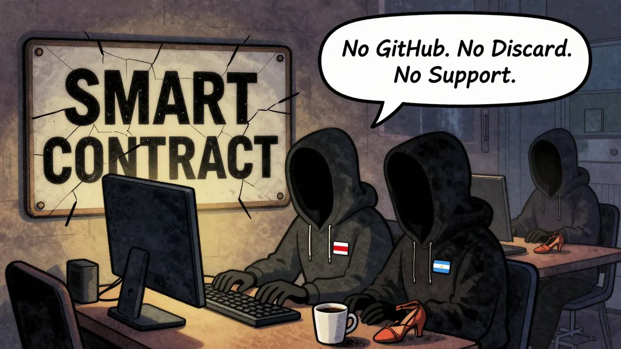 Anonymous developers typing on one keyboard under dim light, with a cracked 'SMART CONTRACT' sign and no support icons nearby.