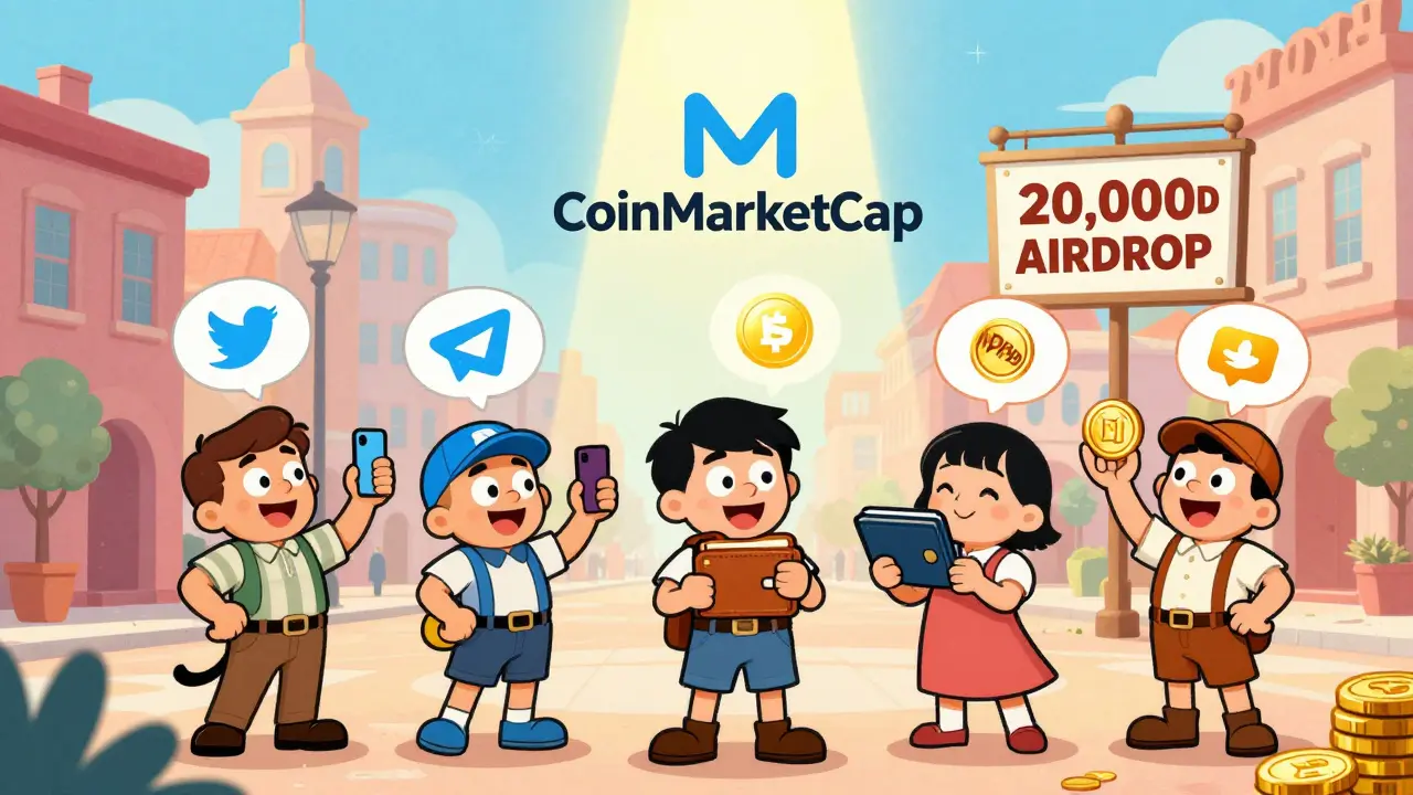 Cartoon characters completing tasks to qualify for a MultiPad CMC airdrop in a digital town.