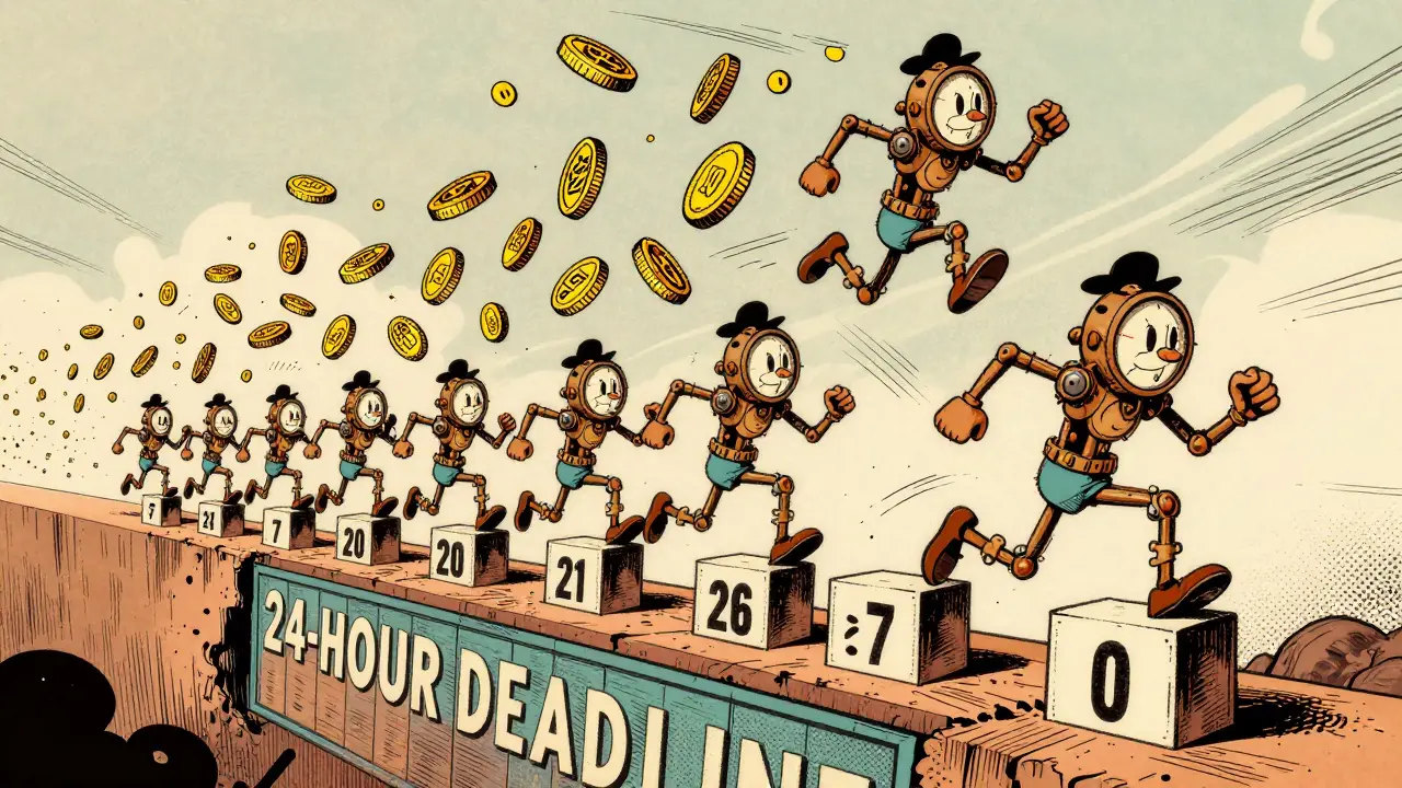 Cartoon racers sprinting on a shrinking countdown timer as SHARDS tokens fly behind them.