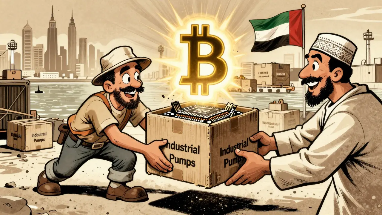 Cartoon smuggler unloading ASIC miners disguised as industrial pumps at a Dubai port with a glowing Bitcoin above.