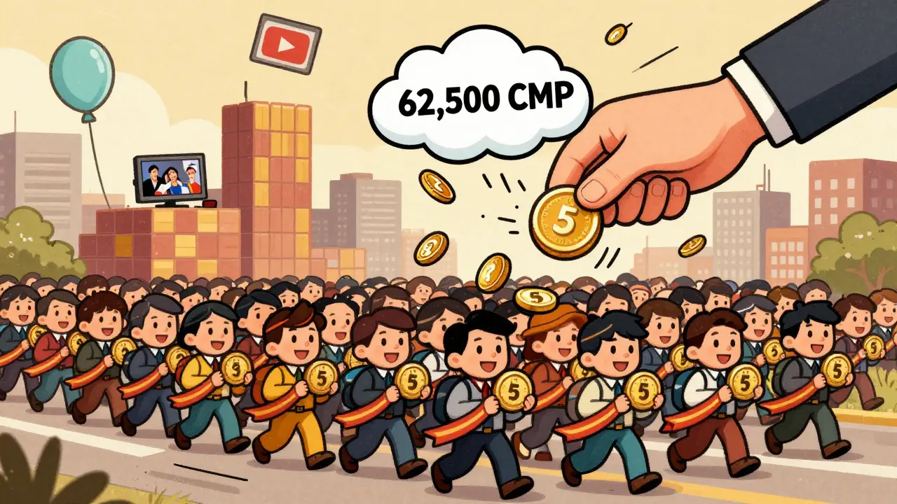 Crowd of tiny users collecting 5 CMP tokens from a giant cloud during a mass airdrop