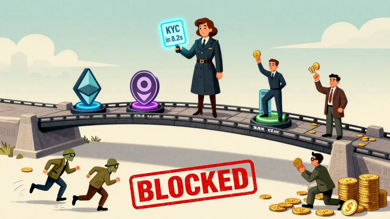 Digital notary hero verifying identities on multi-chain bridge, rejecting money launderers with glowing KYC stamp.