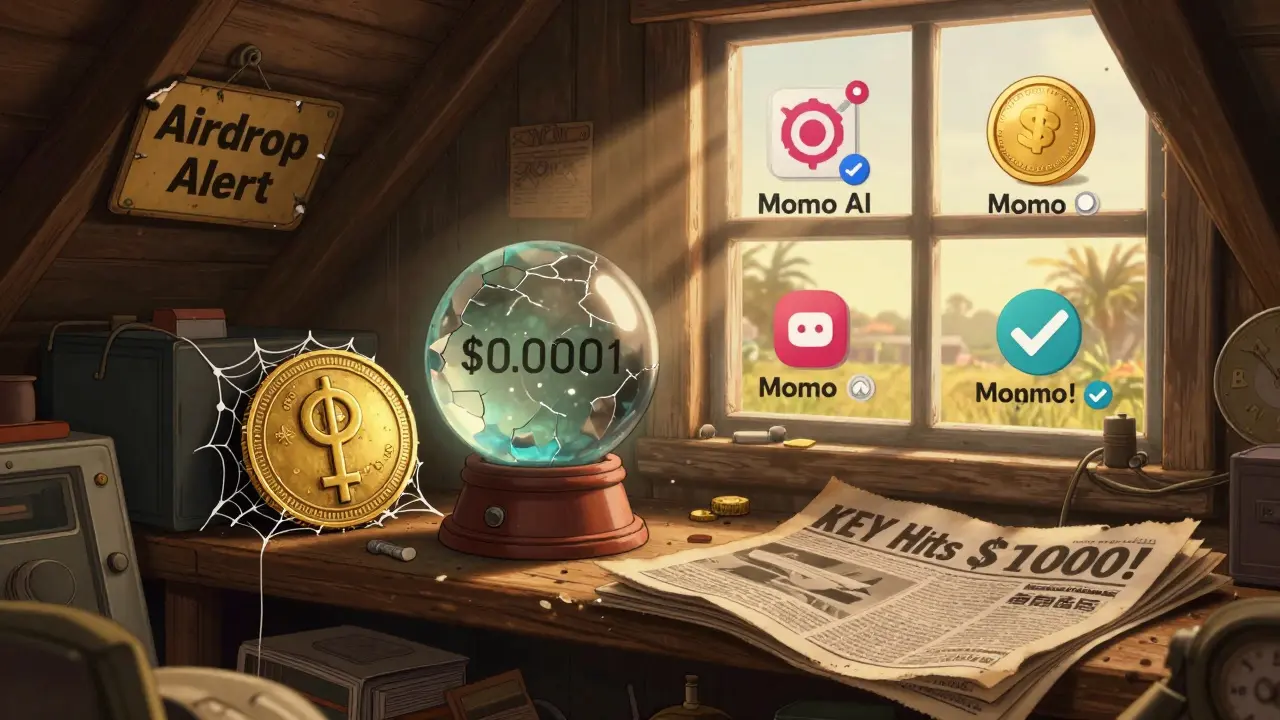 Dusty attic with forgotten MoMo KEY token beside crumbling price predictions, while vibrant new crypto projects glow outside.