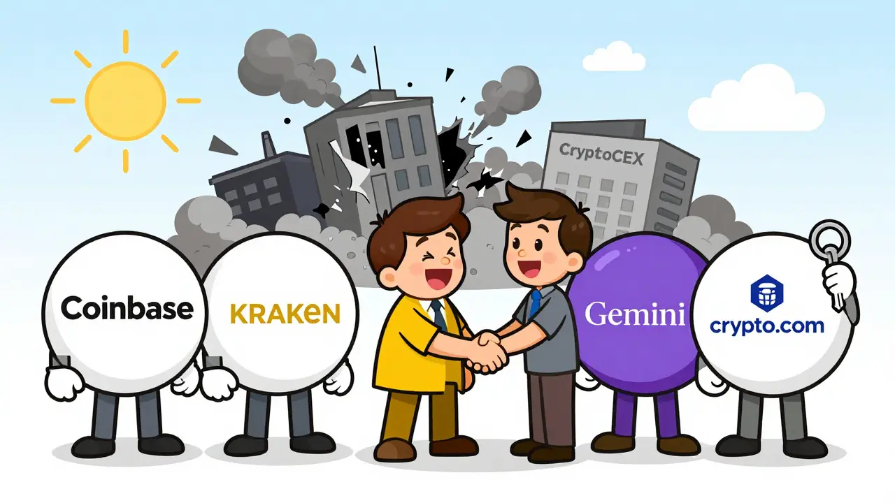 Friendly regulated crypto exchanges shaking hands with a user while CryptloCEX crumbles behind them.