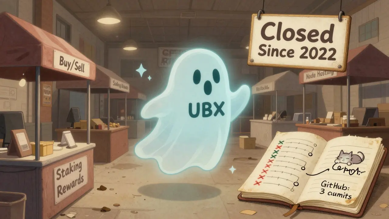 Ghostly UBX token drifts through an abandoned crypto marketplace with closed signs and a forgotten roadmap.