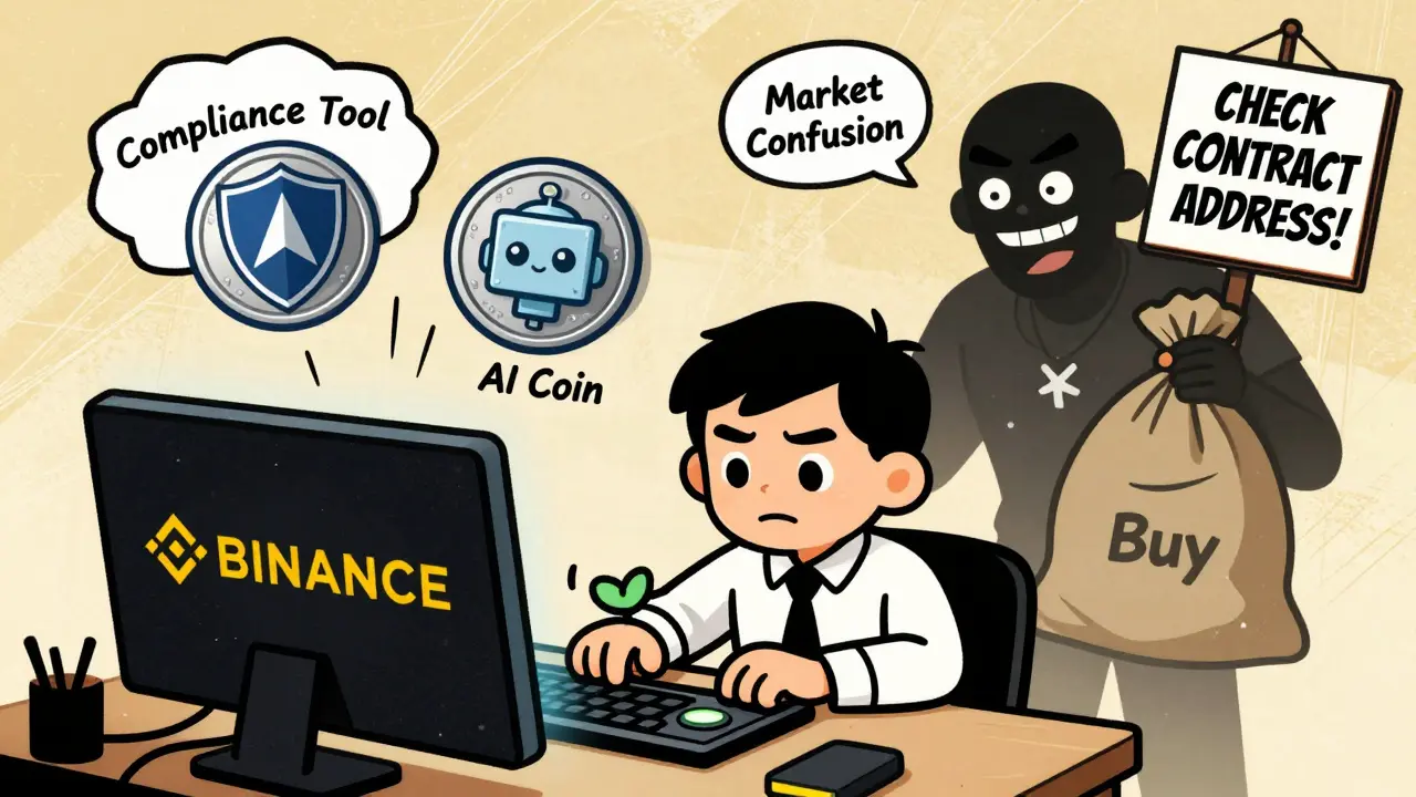 Investor clicking buy on Binance unaware of two ASTRA tokens, one compliance, one AI, while market confusion laughs.