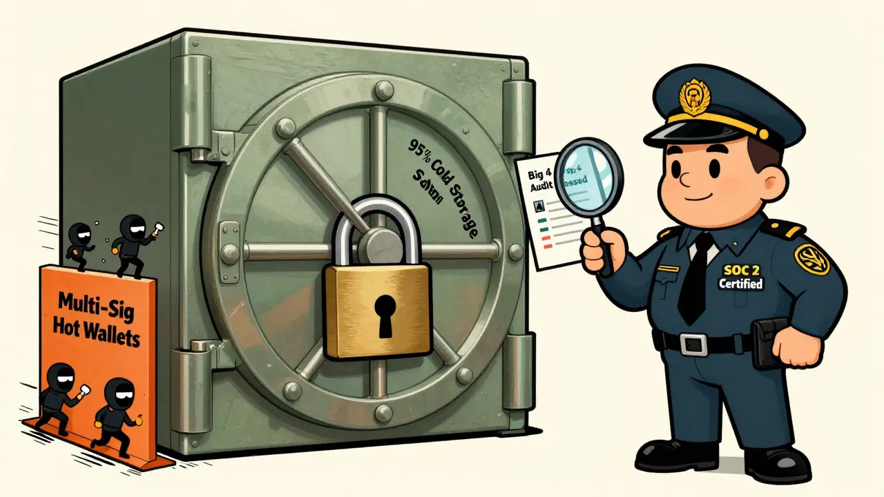 Security guard protects crypto vault from hackers in vintage cartoon style with audit checklist.