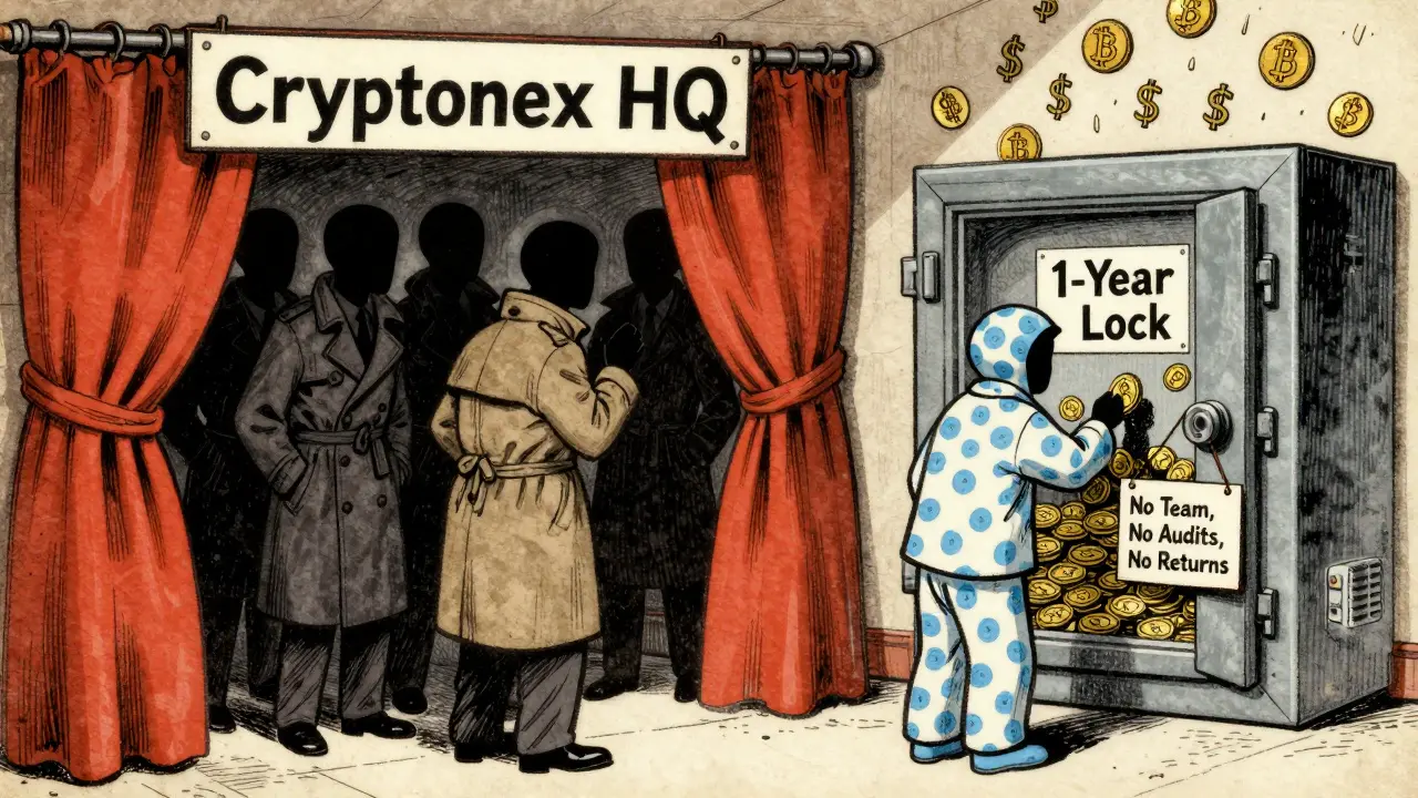 Shadowy team behind curtain as staker locks CNX coins in vault with warning sign.