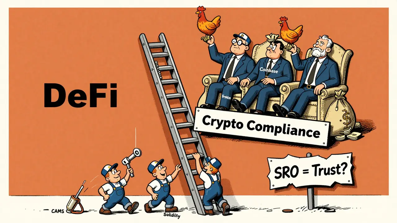 Small exchanges climbing a broken compliance ladder while big firms throw rubber chickens from above.