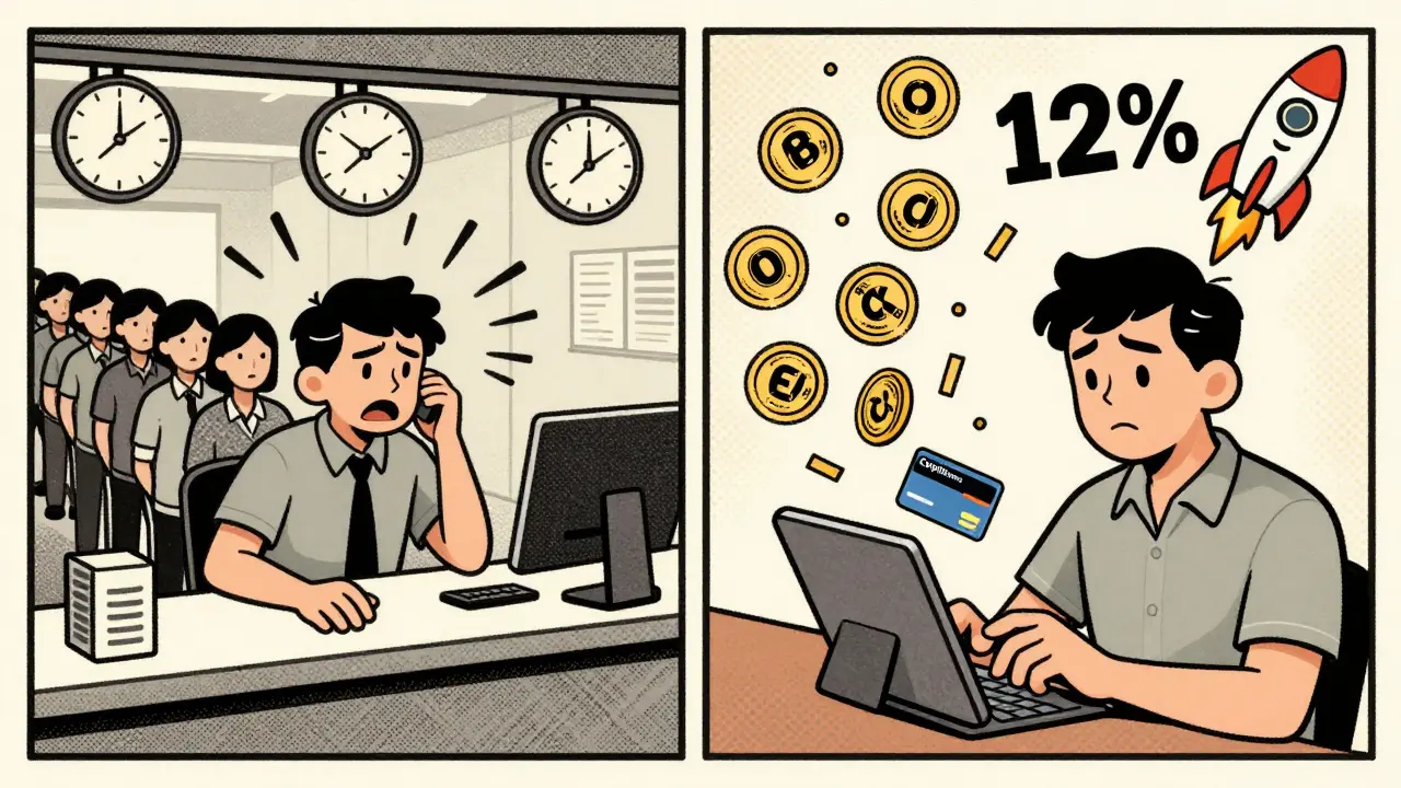 Split cartoon scene: frustrated bank customer vs. calm user spending CNX in Thailand with 12% reward rocket.