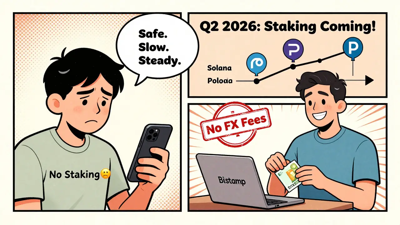 Split cartoon scene: frustrated U.S. user vs. happy European user with staking coming soon.