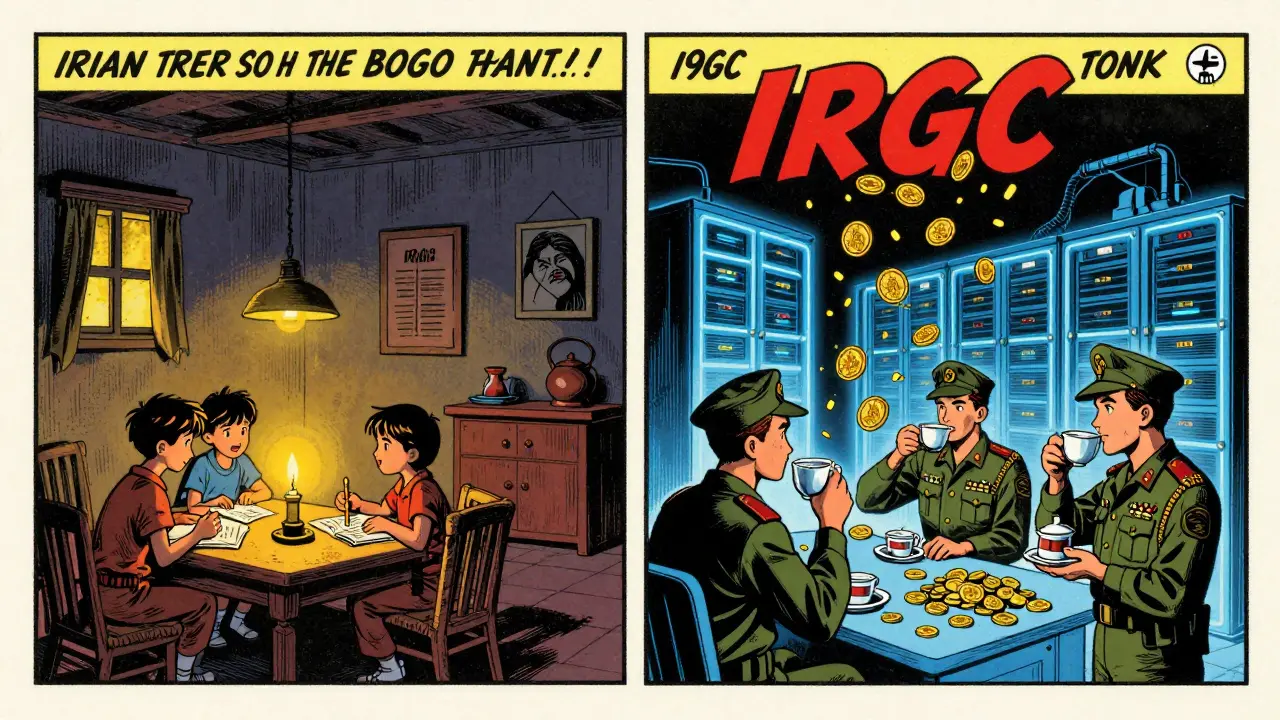 Split-panel cartoon showing Iranian families in darkness versus a glowing military mining facility with Bitcoin raining down.
