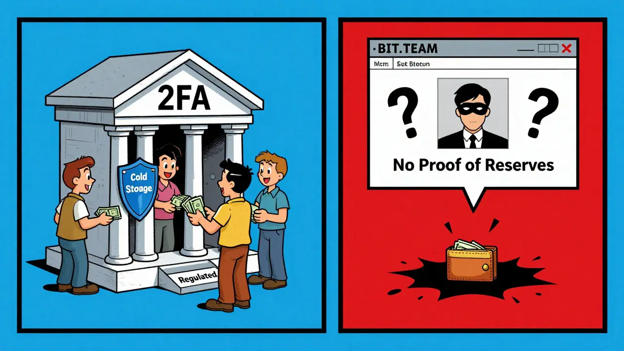 Split scene: safe regulated exchange vs. glitchy BIT.TEAM with hidden owner and vanishing wallet.