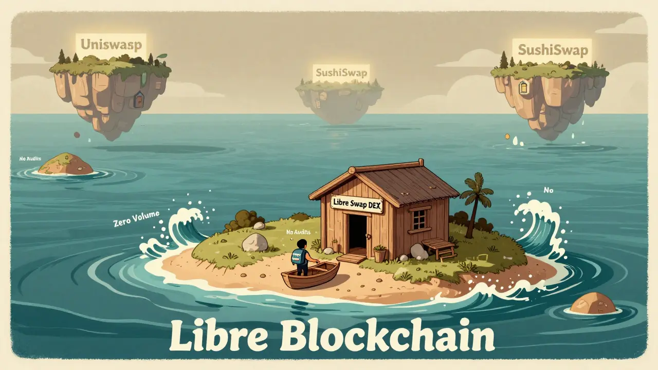 Tiny island labeled 'Libre Blockchain' with a single shack, surrounded by vast digital ocean and distant major crypto exchanges.