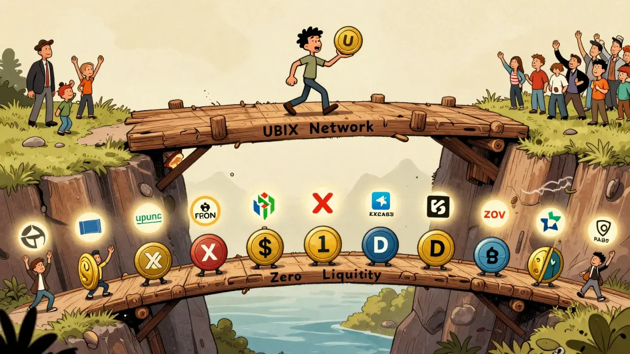 Tiny UBX token struggles to cross a crumbling bridge while other blockchains thrive on solid paths.