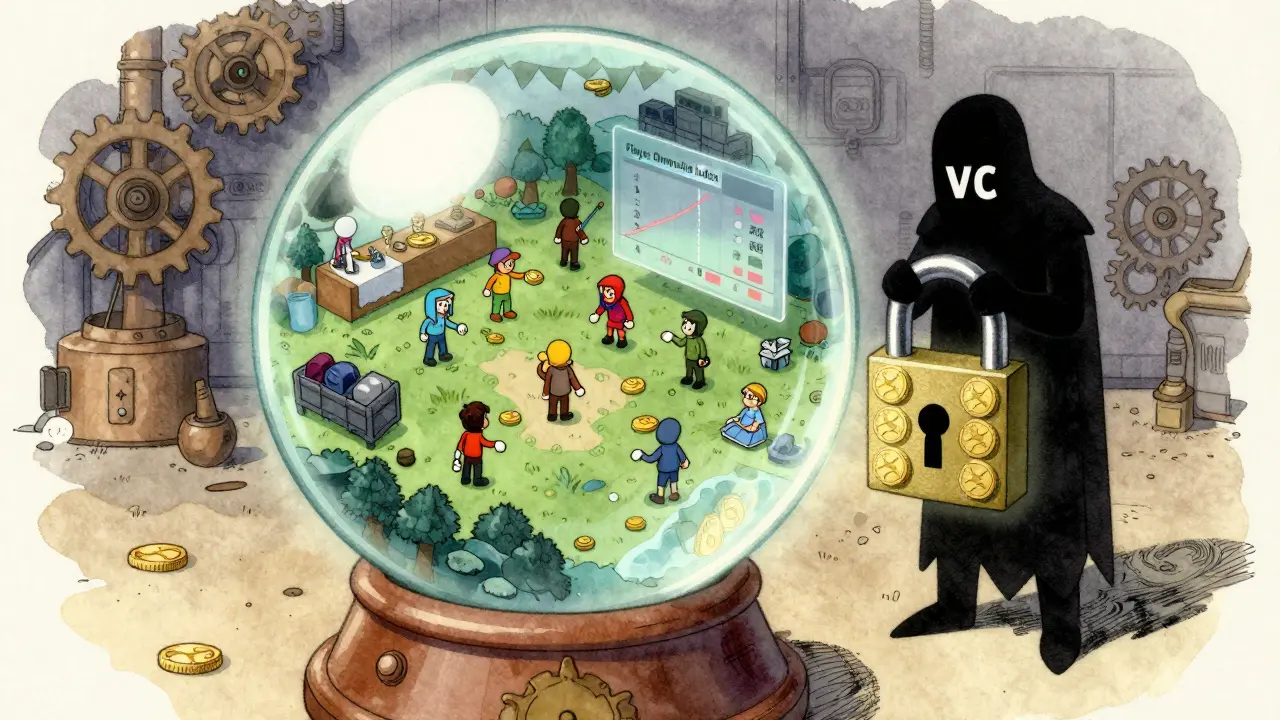 Web3 game world inside a crystal ball with players trading tokens, and a locked-out VC figure.
