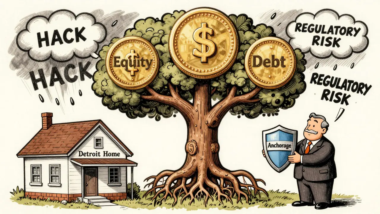 A blockchain tree with token fruit grows from a house, protected by a custodian shield in vintage cartoon style.