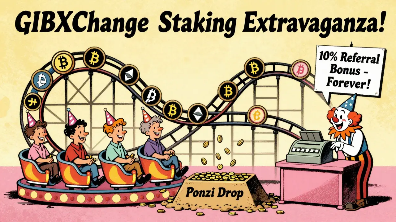 A carnival ride made of crypto coins drops users into a pit labeled 'Ponzi Drop', with a clown operator collecting cash.