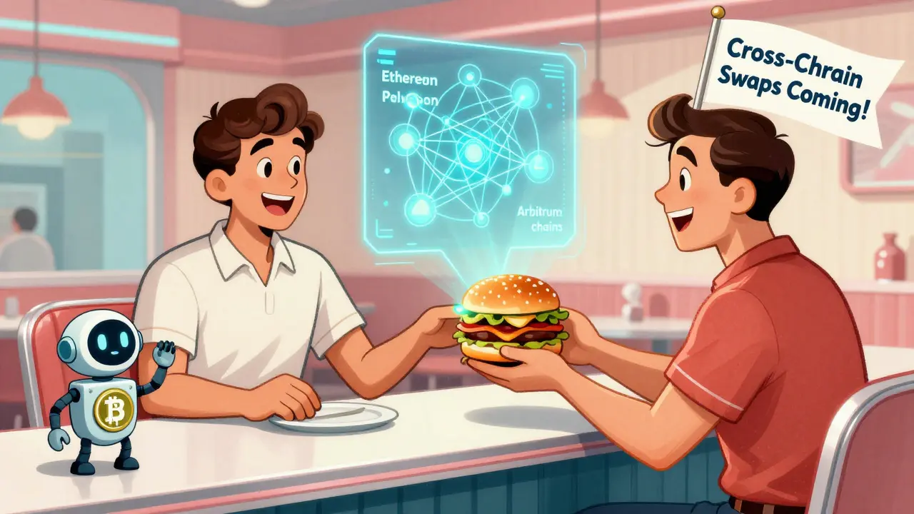 A customer using a 1inch Card to buy a burger at a retro diner, with holographic blockchain chains floating above.