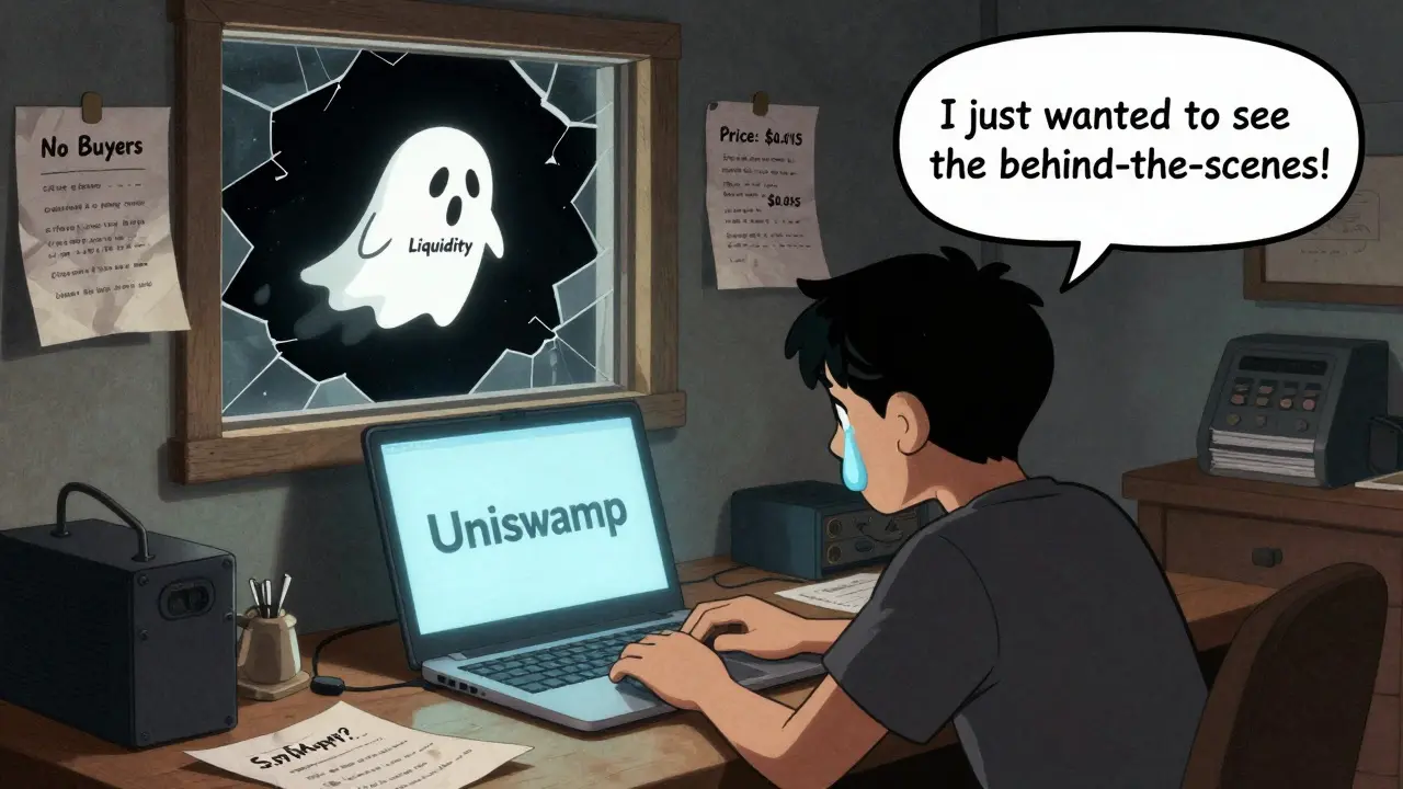 A disappointed fan stares at a laptop showing low FCO prices with a ghost of liquidity drifting away.