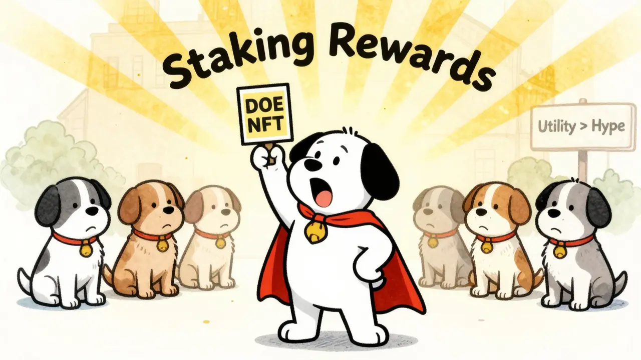 A dog in a cape receives glowing staking rewards while others with empty wallets look on sadly.