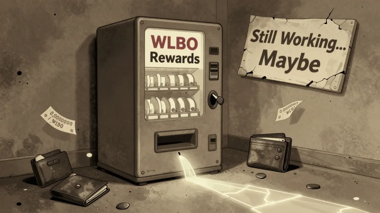 A dusty WLBO rewards vending machine with forgotten wallets nearby in faded cartoon style.