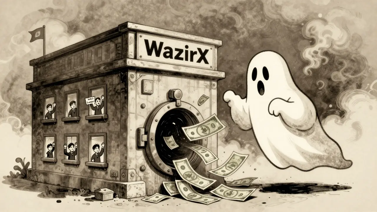 A ghostly WazirX building loses millions to a vortex as users wave helplessly, drawn in faded sepia vintage cartoon style.