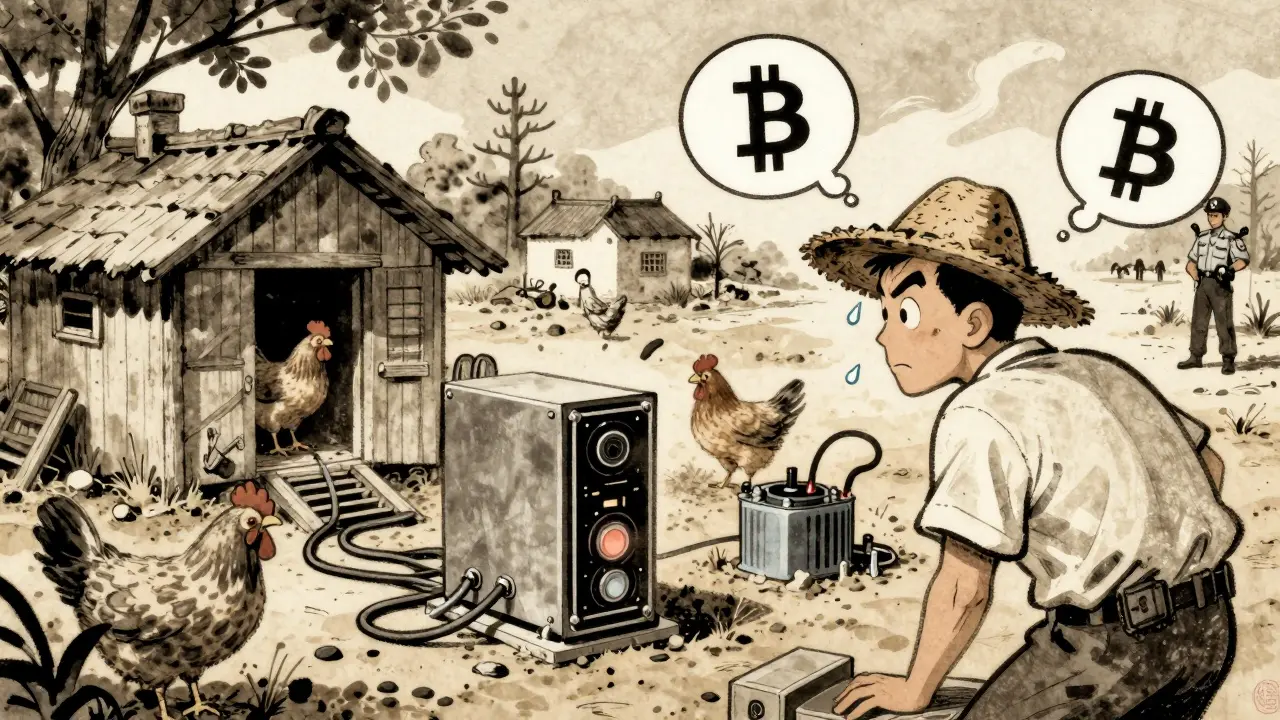 A hidden Bitcoin miner runs beside a chicken coop in a rural village, with police sirens in the distance.