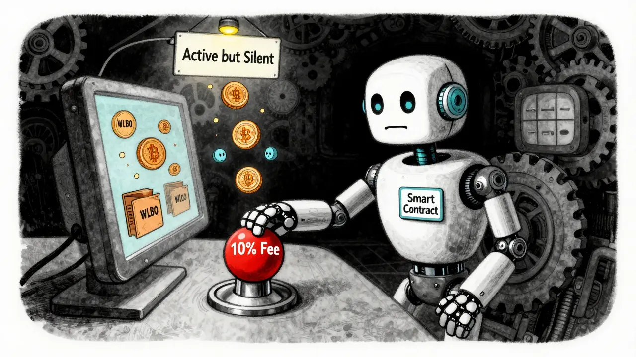 A lone robot pressing a fee button in a silent crypto control room, vintage cartoon style.