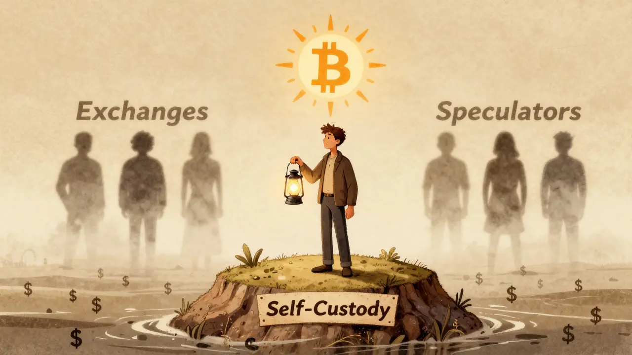 A lone user holding a VERSE token as a lantern on a self-custody island, leaving speculators behind in fog.