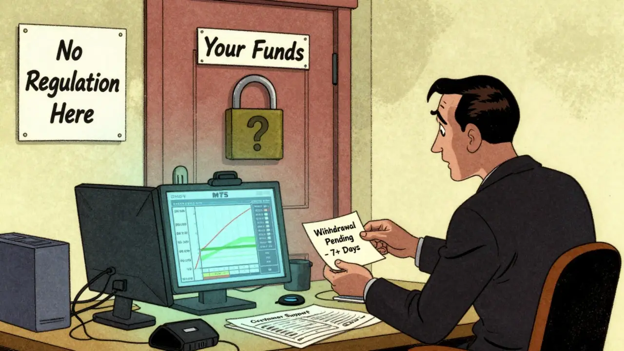 A lonely trader faces a delayed withdrawal slip while a locked door labeled 'Your Funds' looms behind him.