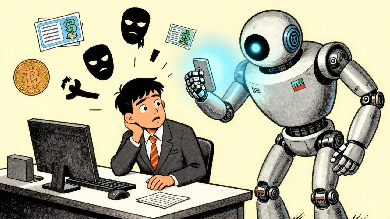 A man avoids a bank teller while a giant Digital Yuan robot watches every transaction, with frozen accounts floating around him.