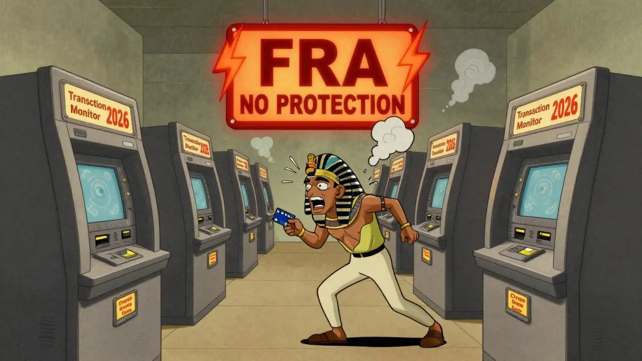 A man dodging giant bank ATMs while trying to slip a gift card into a crypto escape slot.