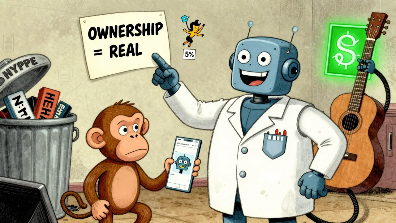 A person holds a screenshot of an NFT monkey while a robot explains ownership on a blockchain, with royalty and efficiency symbols nearby.