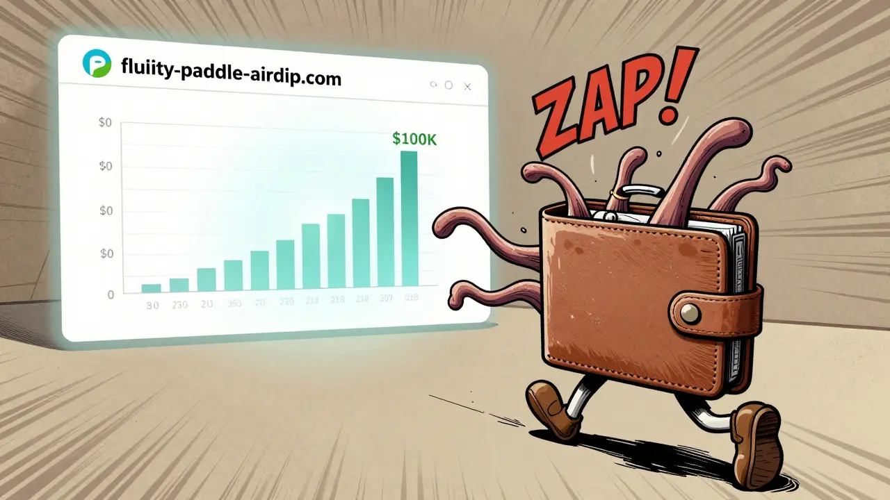 A running wallet escaping from a phishing website while a real PancakeSwap trading chart shines brightly in the background.