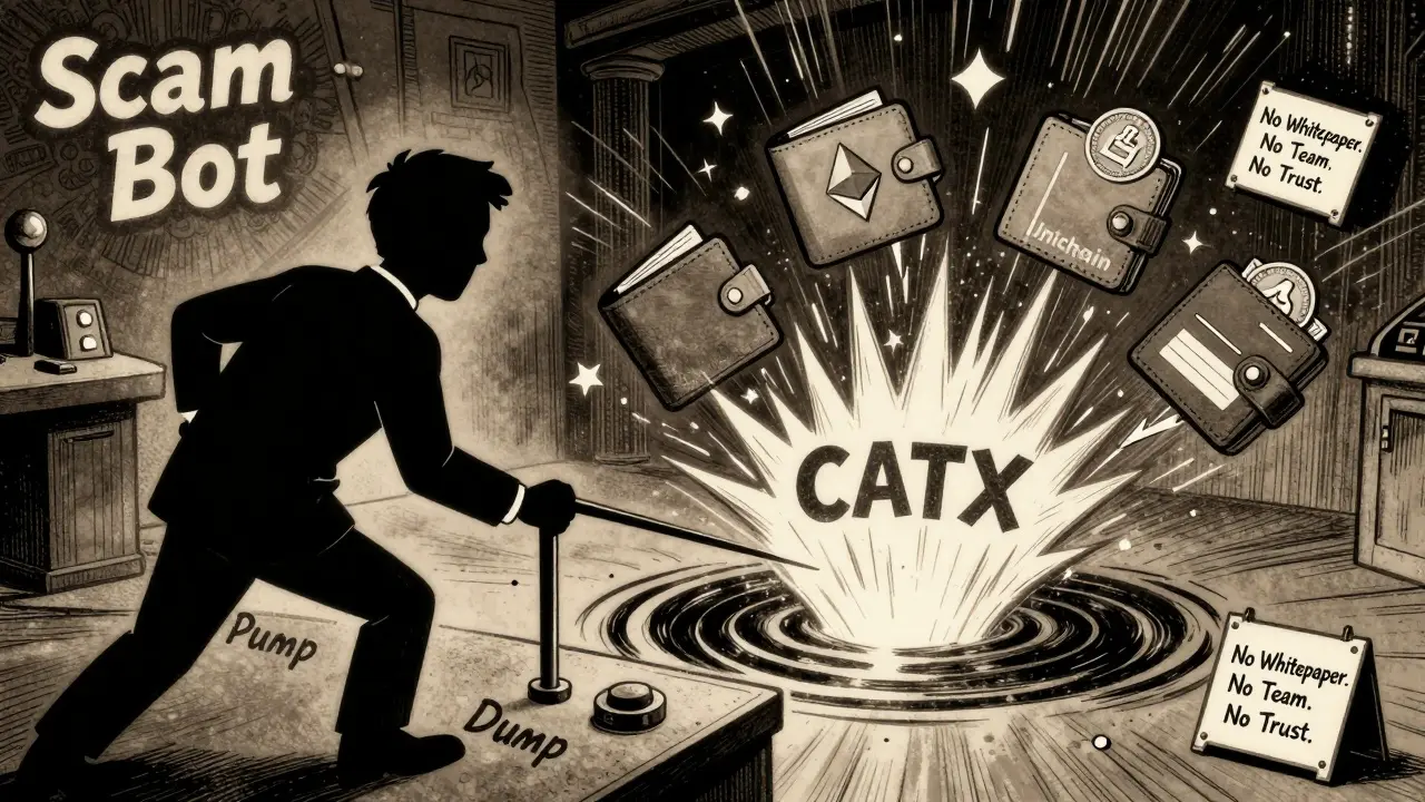 A shadowy scam bot pulling levers to manipulate three different wallets labeled with blockchain names.